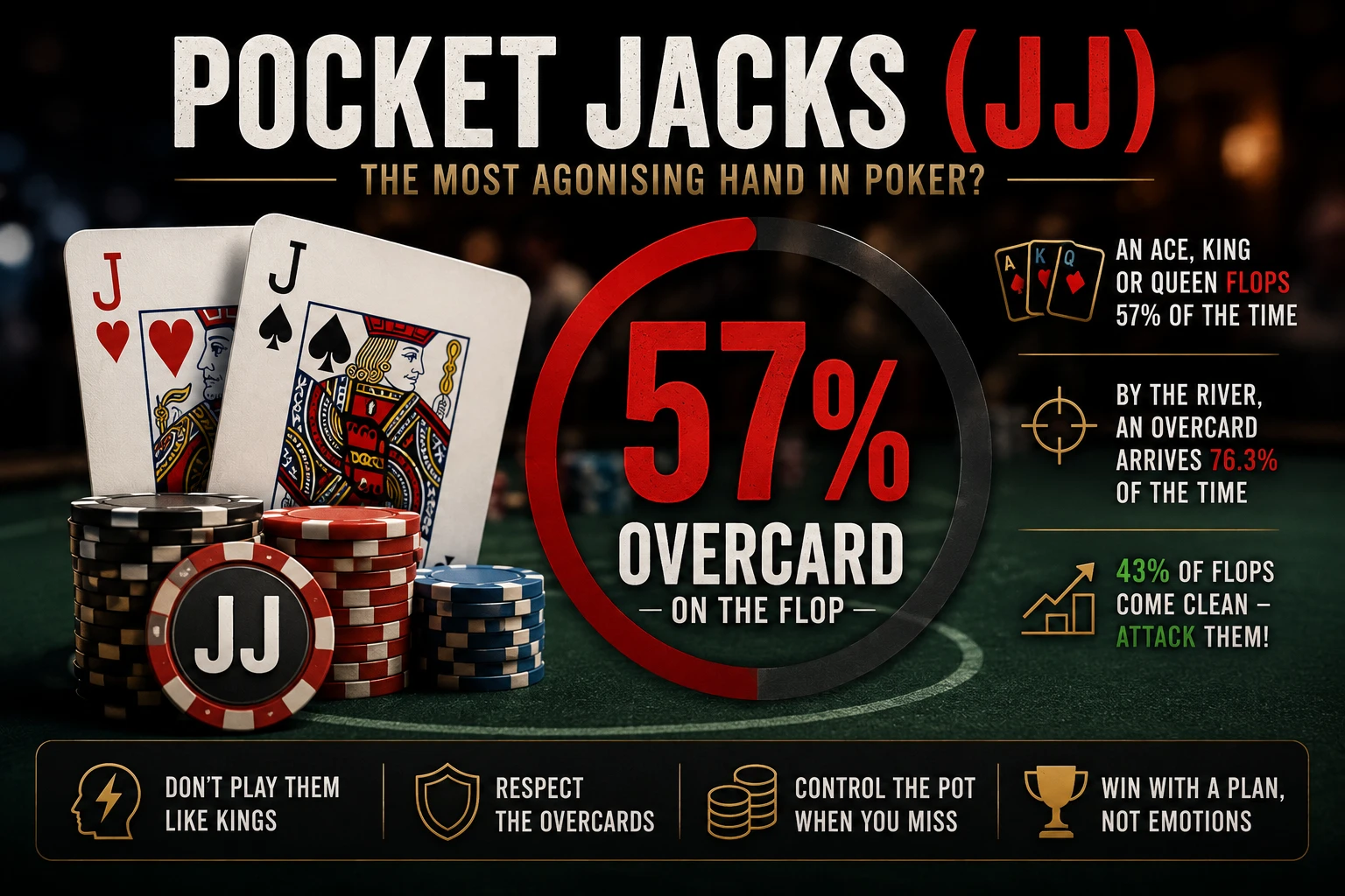 Pocket jacks face an ace, king or queen on the flop 57% of the time, and 76.3% by the river